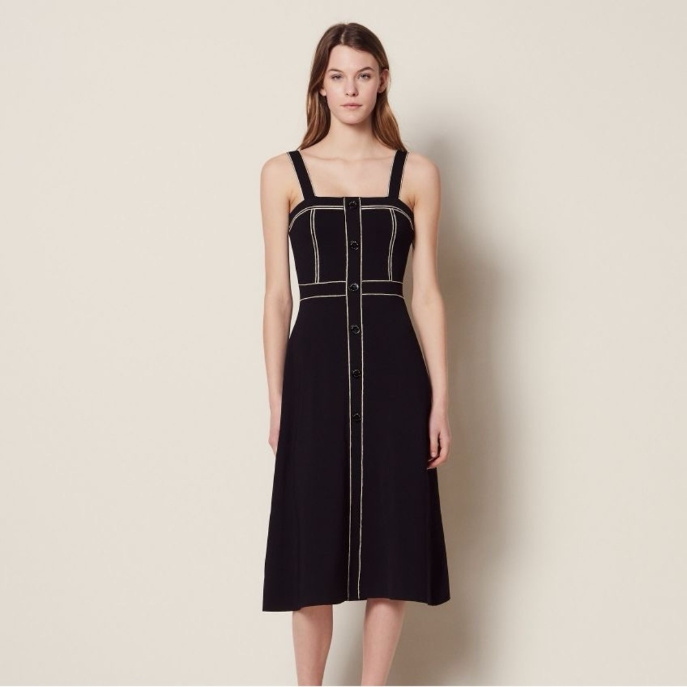 Sandro Black Midi Dress with White Stitching